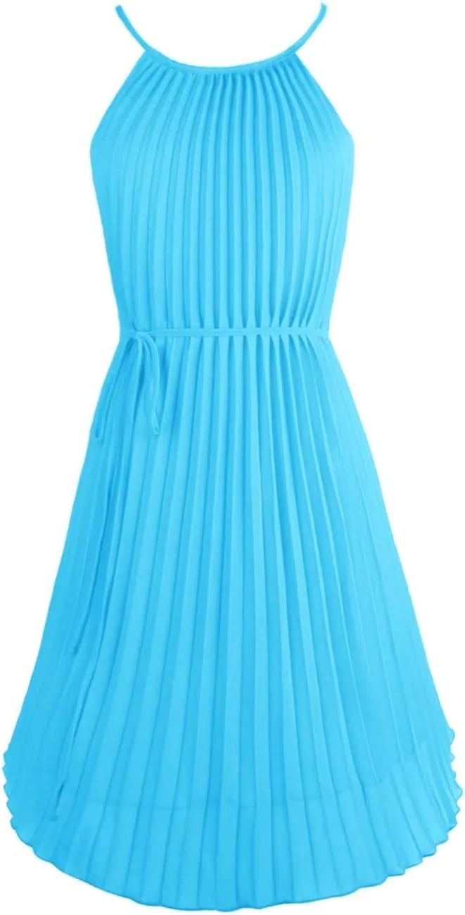 Ellames Women's 2024 Summer Spaghetti Strap Pleated Casual Swing Dress with Belt