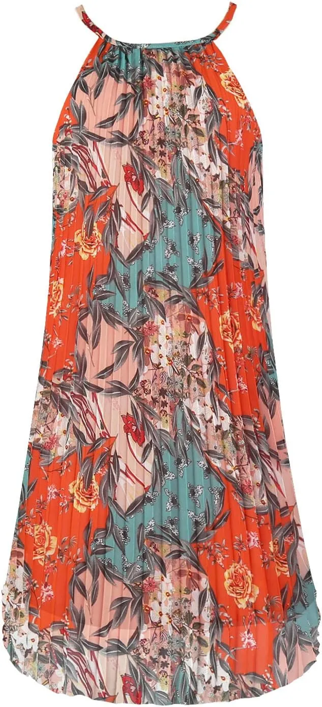 Ellames Women's 2024 Summer Spaghetti Strap Pleated Casual Swing Dress with Belt