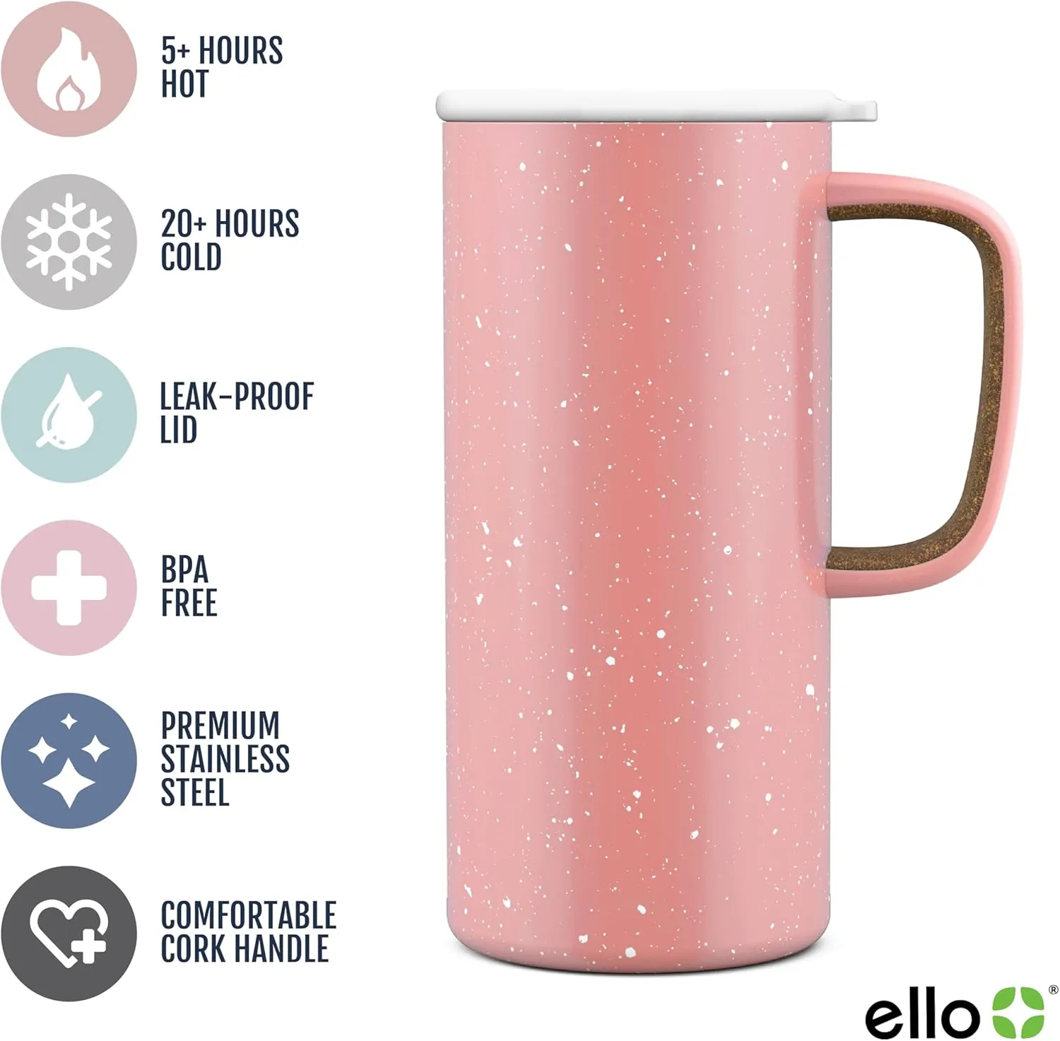 Ello Campy Vacuum Insulated Travel Mug with Leak-Proof Slider Lid and Comfy Carry Handle, Perfect for Coffee or Tea, BPA Free, Georgia Peach, 18oz