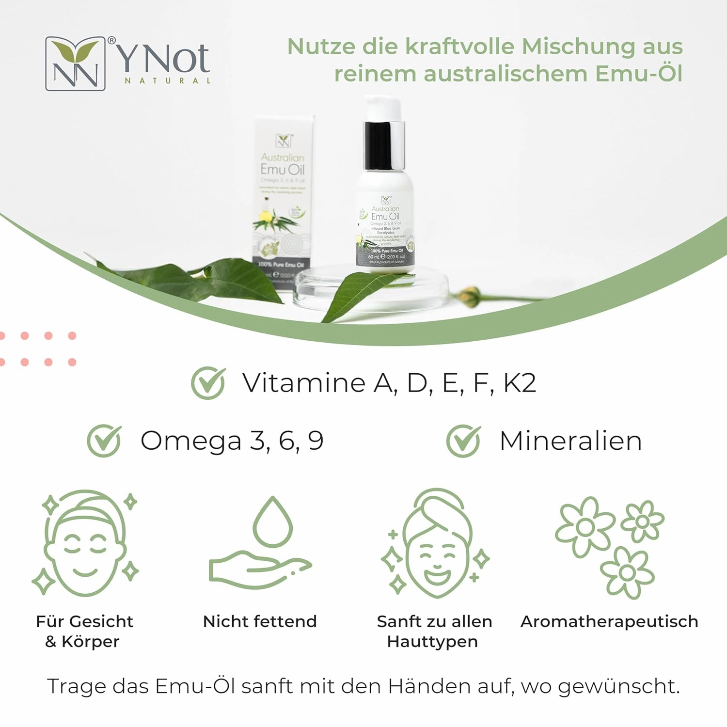 Emu Oil Pure Skin Moisturizer - Nail, Body, Face, Scalp & Hair Moisturizer with Omega 3, 6, 9, Vitamins, & Minerals - Australian Emu Oil for Skincare by Y-Not Natural - 60mL, Blue Gum Eucalyptus