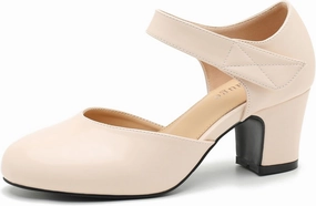 Enelauge Women's Ankle Strap Block Chunky Heels Closed Round Toe Pumps D'Orsay Comfortable Vintage Dressy Bridal Wedding Party Shoes