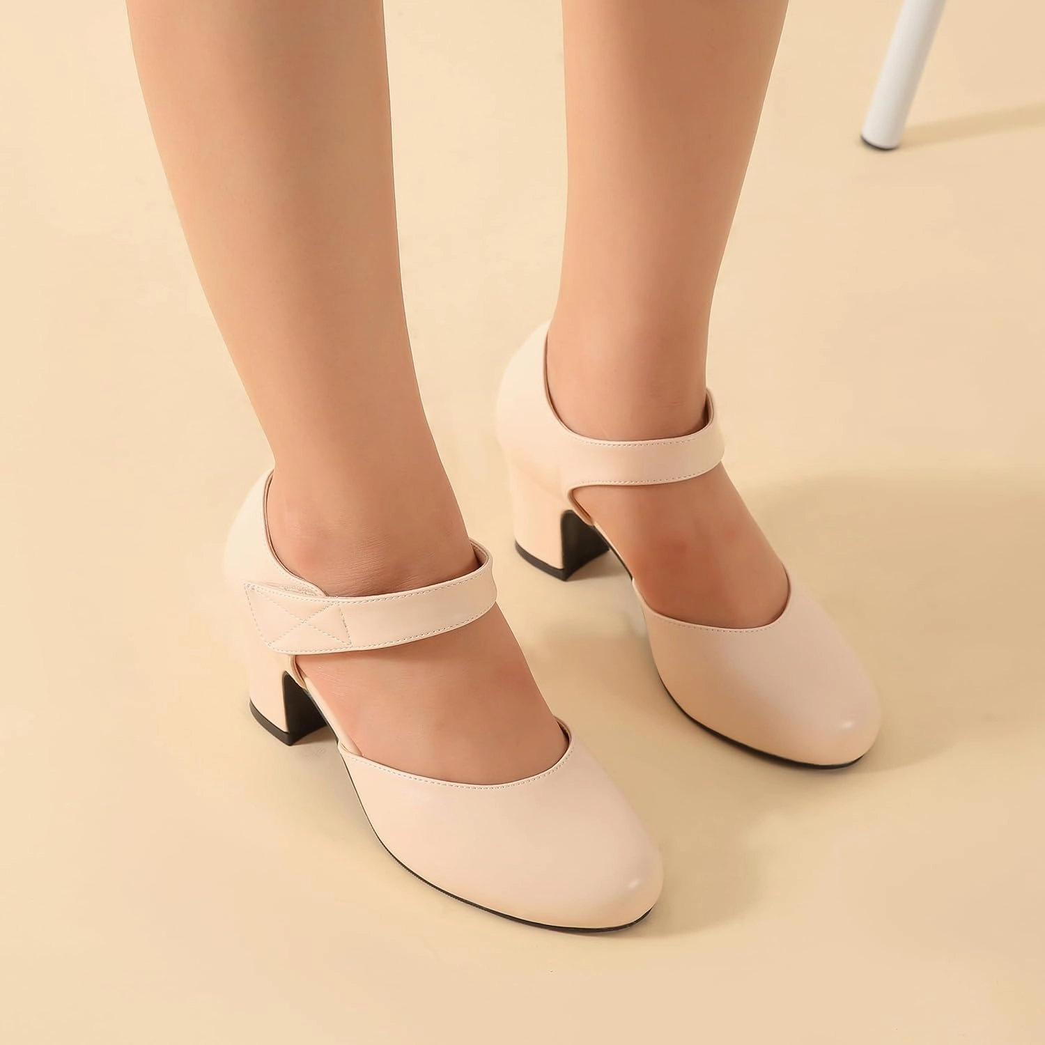 Enelauge Women's Ankle Strap Block Chunky Heels Closed Round Toe Pumps D'Orsay Comfortable Vintage Dressy Bridal Wedding Party Shoes