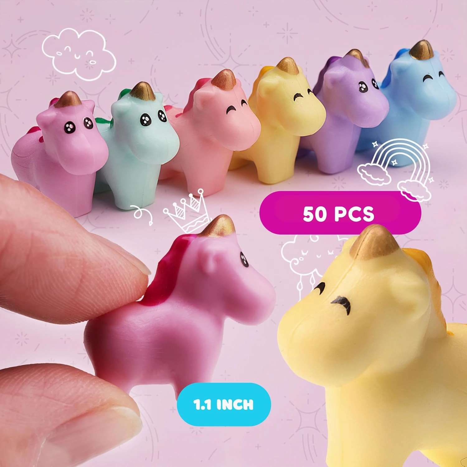Entervending Little Unicorn Toy Set - 50 Pcs Unicorn Figures - Party Favors & Cake Toppers - Easter Gifts for Kids