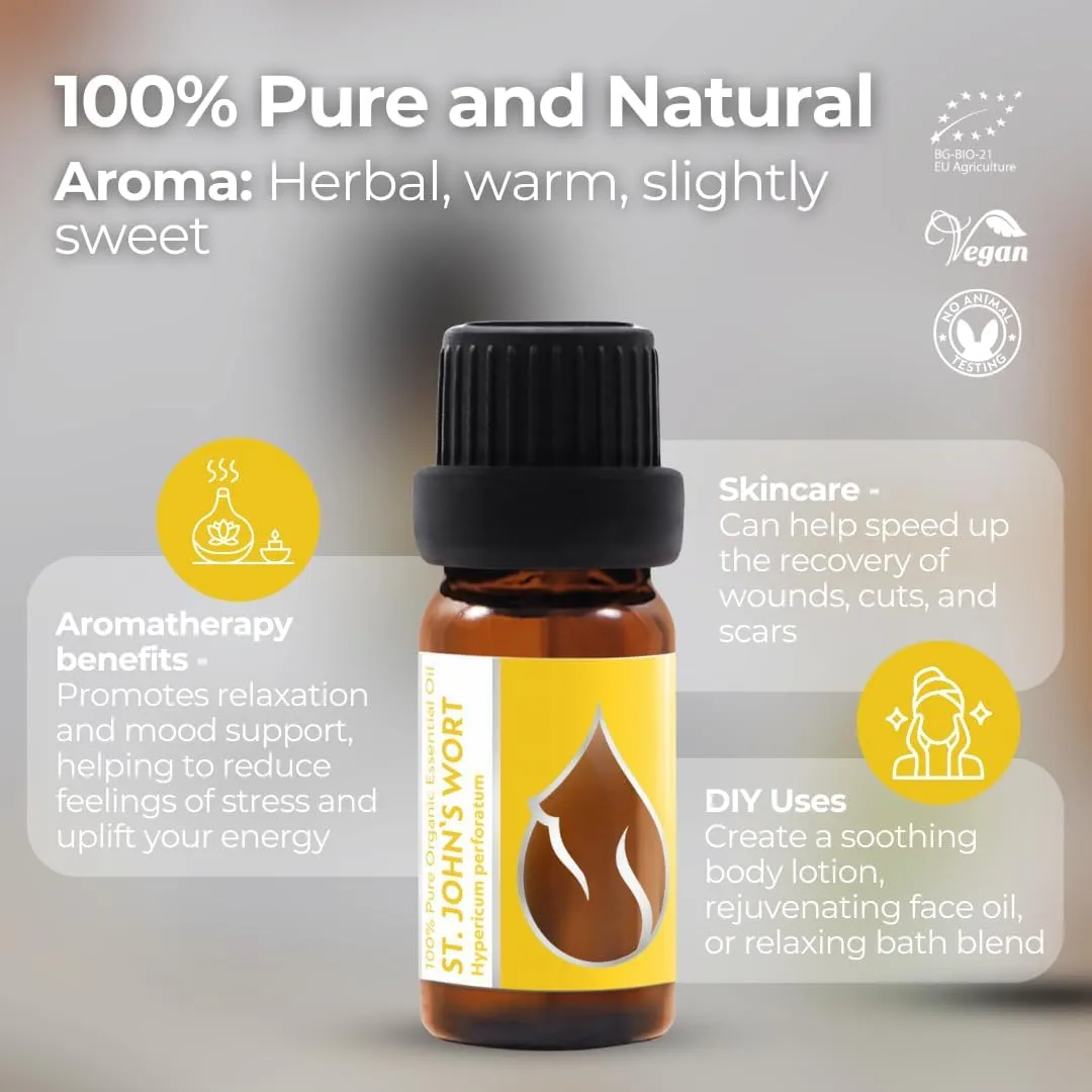 Essences Bulgaria Organic St. John's Wort Essential Oil 1/3 Fl Oz | 10ml | Hypericum perforatum | 100% Pure and Natural | Undiluted | Therapeutic Grade | Family Owned Farm | Steam-Distilled | Non-GMO