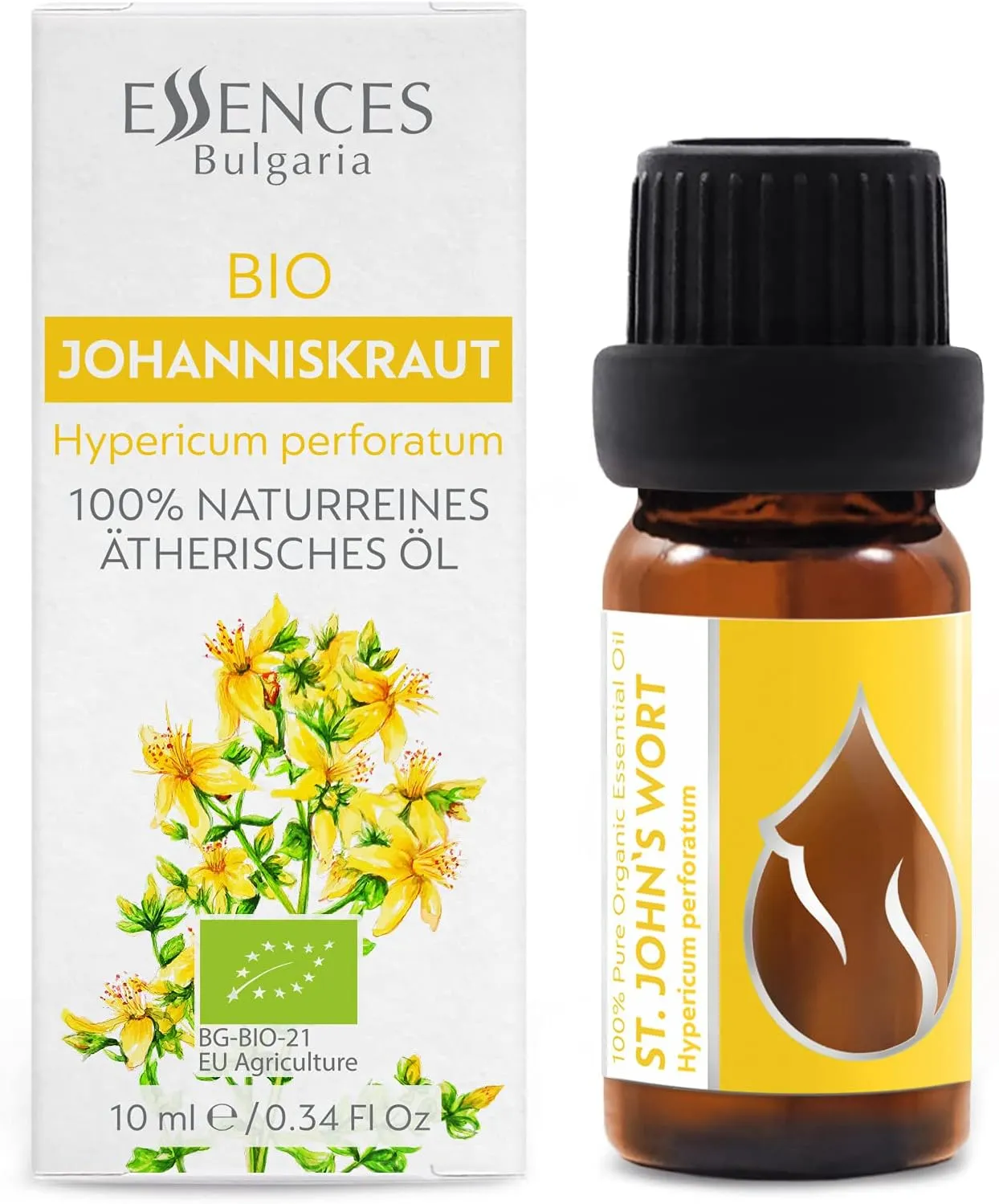 Essences Bulgaria Organic St. John's Wort Essential Oil 1/3 Fl Oz | 10ml | Hypericum perforatum | 100% Pure and Natural | Undiluted | Therapeutic Grade | Family Owned Farm | Steam-Distilled | Non-GMO