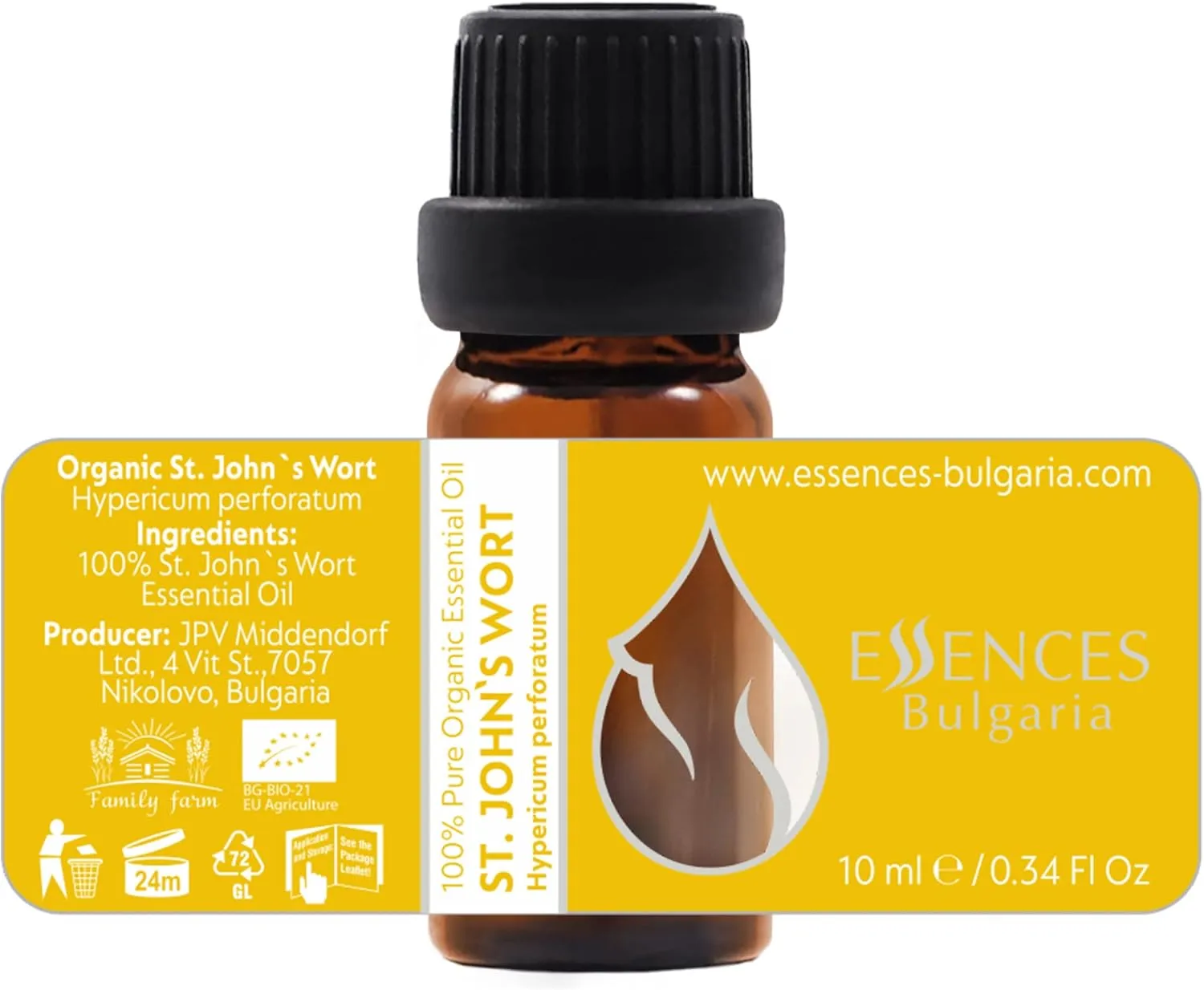 Essences Bulgaria Organic St. John's Wort Essential Oil 1/3 Fl Oz | 10ml | Hypericum perforatum | 100% Pure and Natural | Undiluted | Therapeutic Grade | Family Owned Farm | Steam-Distilled | Non-GMO
