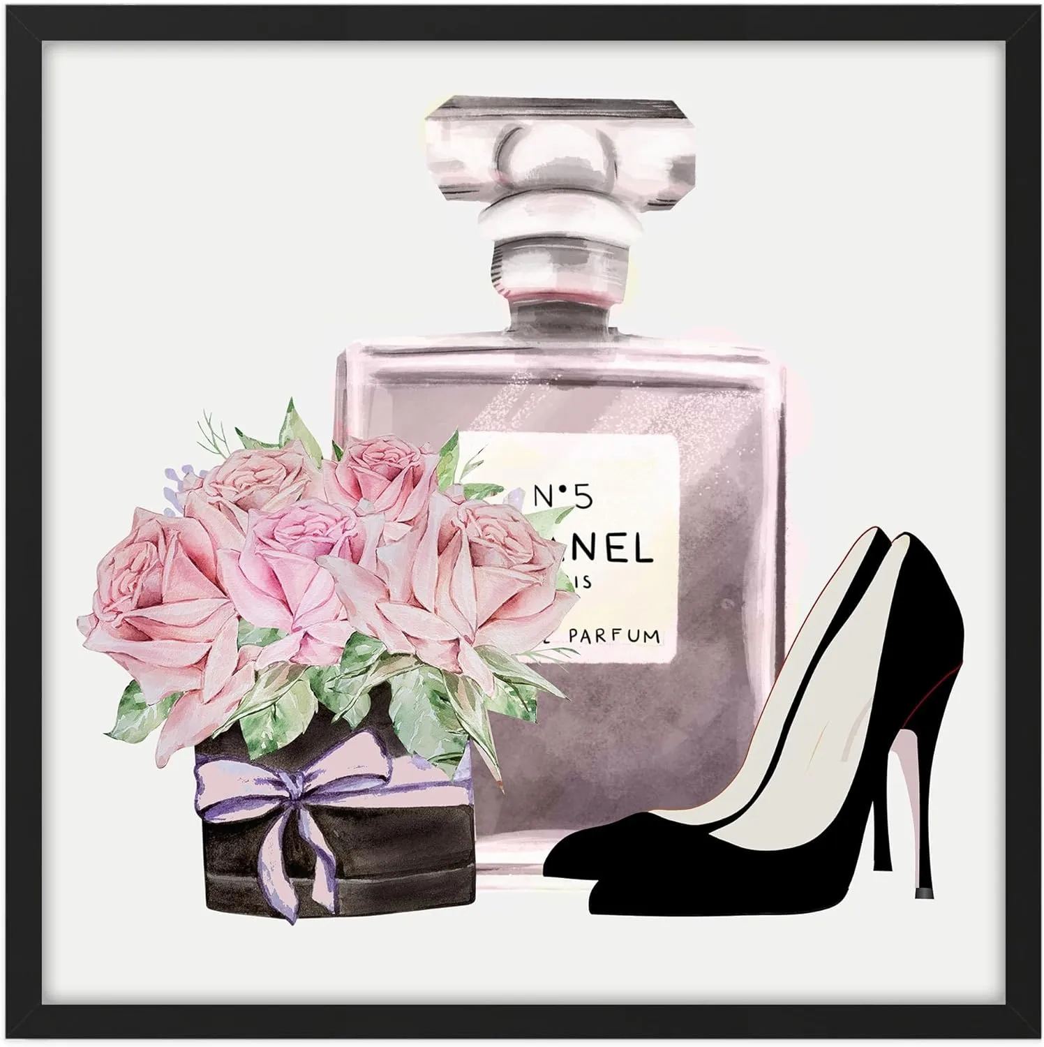Ethan Taylor Fashion and Glam Wall Art Prints Unframed Posters 'Perfume and Flowers' Luxury Home Décor for Living Room, Bedroom, Office, 24 in x 24 in, Pink, Gray