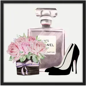 Ethan Taylor Fashion and Glam Wall Art Prints Unframed Posters 'Perfume and Flowers' Luxury Home Décor for Living Room, Bedroom, Office, 24 in x 24 in, Pink, Gray