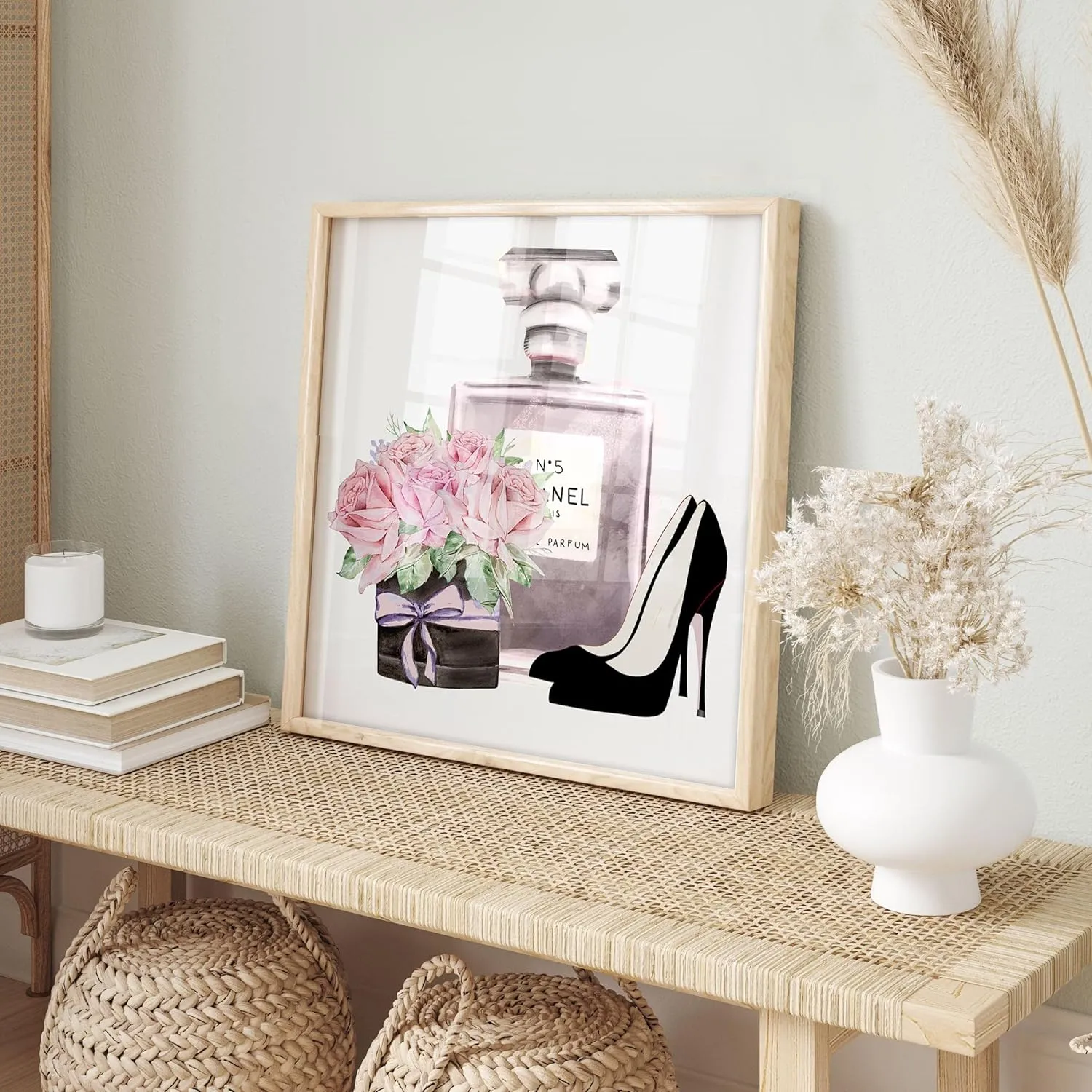 Ethan Taylor Fashion and Glam Wall Art Prints Unframed Posters 'Perfume and Flowers' Luxury Home Décor for Living Room, Bedroom, Office, 24 in x 24 in, Pink, Gray