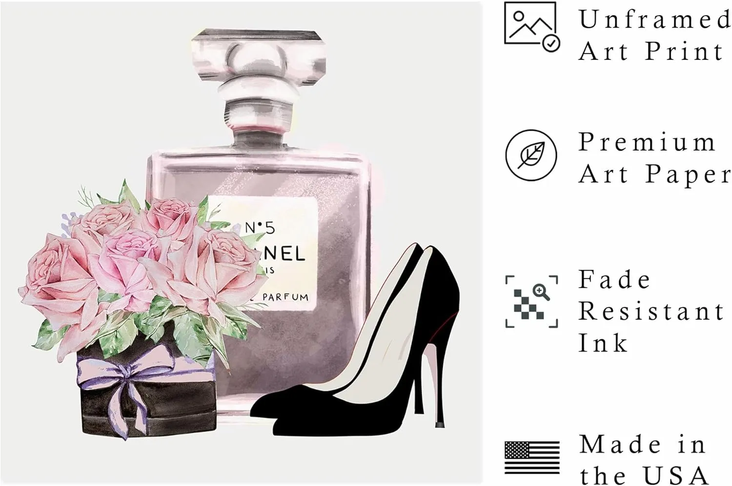 Ethan Taylor Fashion and Glam Wall Art Prints Unframed Posters 'Perfume and Flowers' Luxury Home Décor for Living Room, Bedroom, Office, 24 in x 24 in, Pink, Gray