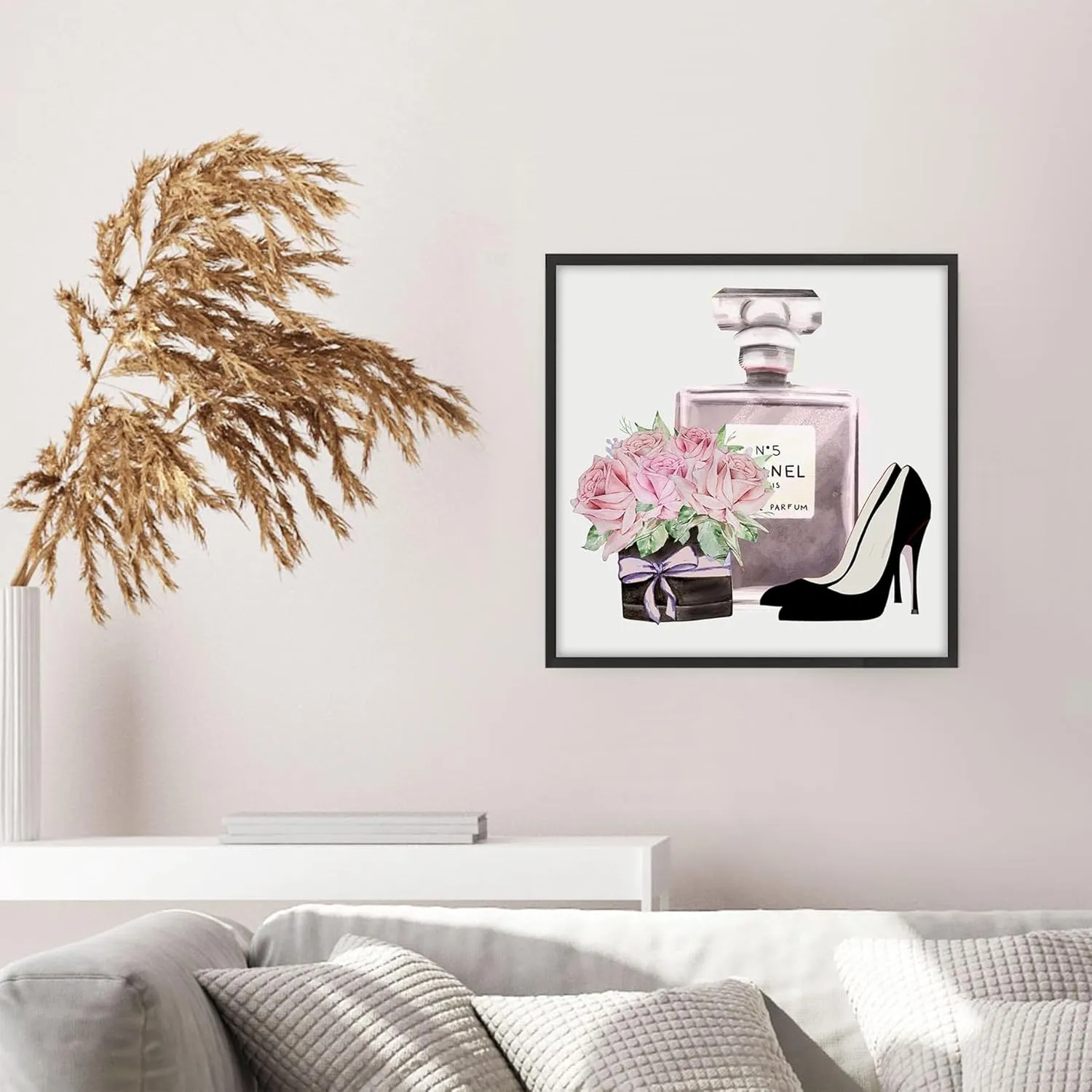 Ethan Taylor Fashion and Glam Wall Art Prints Unframed Posters 'Perfume and Flowers' Luxury Home Décor for Living Room, Bedroom, Office, 24 in x 24 in, Pink, Gray