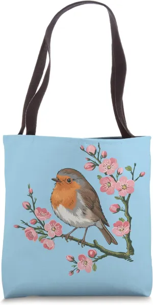 European Robin Perched Among Blossoming Pink Flowers Tote Bag