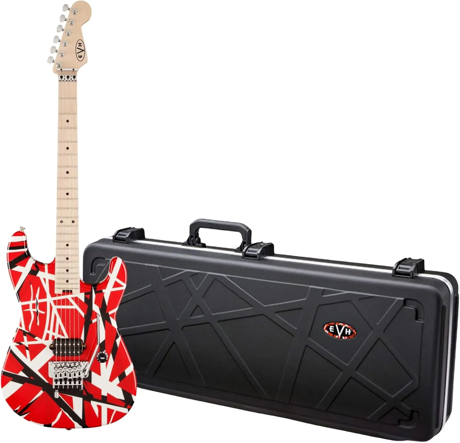EVH Striped Series High Performance 6-String Electric Guitar (Right-Handed, Red with Black Stripes) Bundle with EVH Wolfgang Solid Body Electric Guitar Weather-Resistant Hard Case(Black) (2 Items)
