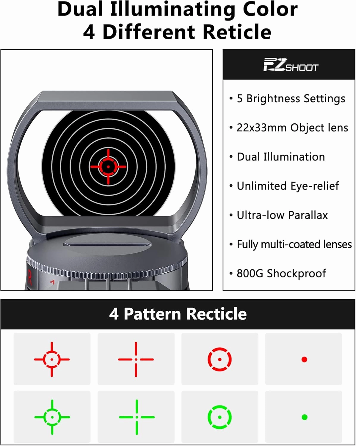 EZshoot Red Green Dot Gun Sight Scope Reflex Sight, 4 Adjustable Reticles Holographic Optic with 20mm Rail Mount
