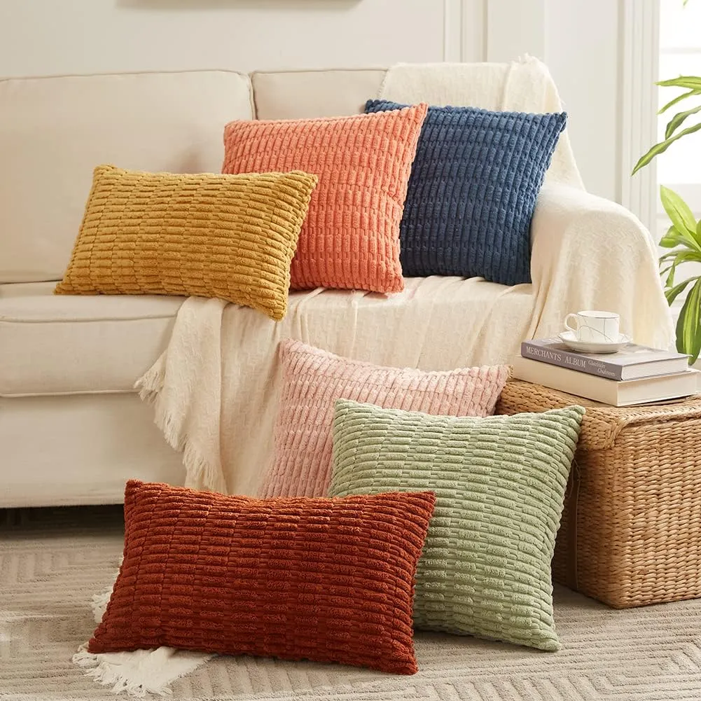 Fancy Homi 4 Packs Boho Coral Decorative Throw Pillow Covers 18x18 Inch for Living Room Couch Bed Sofa, Rustic Modern Farmhouse Home Decor, Soft Plush Corduroy Cute Square Peach Cushion Case 45x45 cm