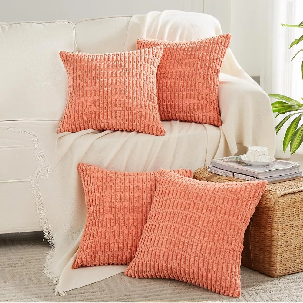 Fancy Homi 4 Packs Boho Coral Decorative Throw Pillow Covers 18x18 Inch for Living Room Couch Bed Sofa, Rustic Modern Farmhouse Home Decor, Soft Plush Corduroy Cute Square Peach Cushion Case 45x45 cm