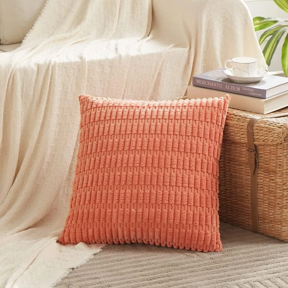 Fancy Homi 4 Packs Boho Coral Decorative Throw Pillow Covers 18x18 Inch for Living Room Couch Bed Sofa, Rustic Modern Farmhouse Home Decor, Soft Plush Corduroy Cute Square Peach Cushion Case 45x45 cm