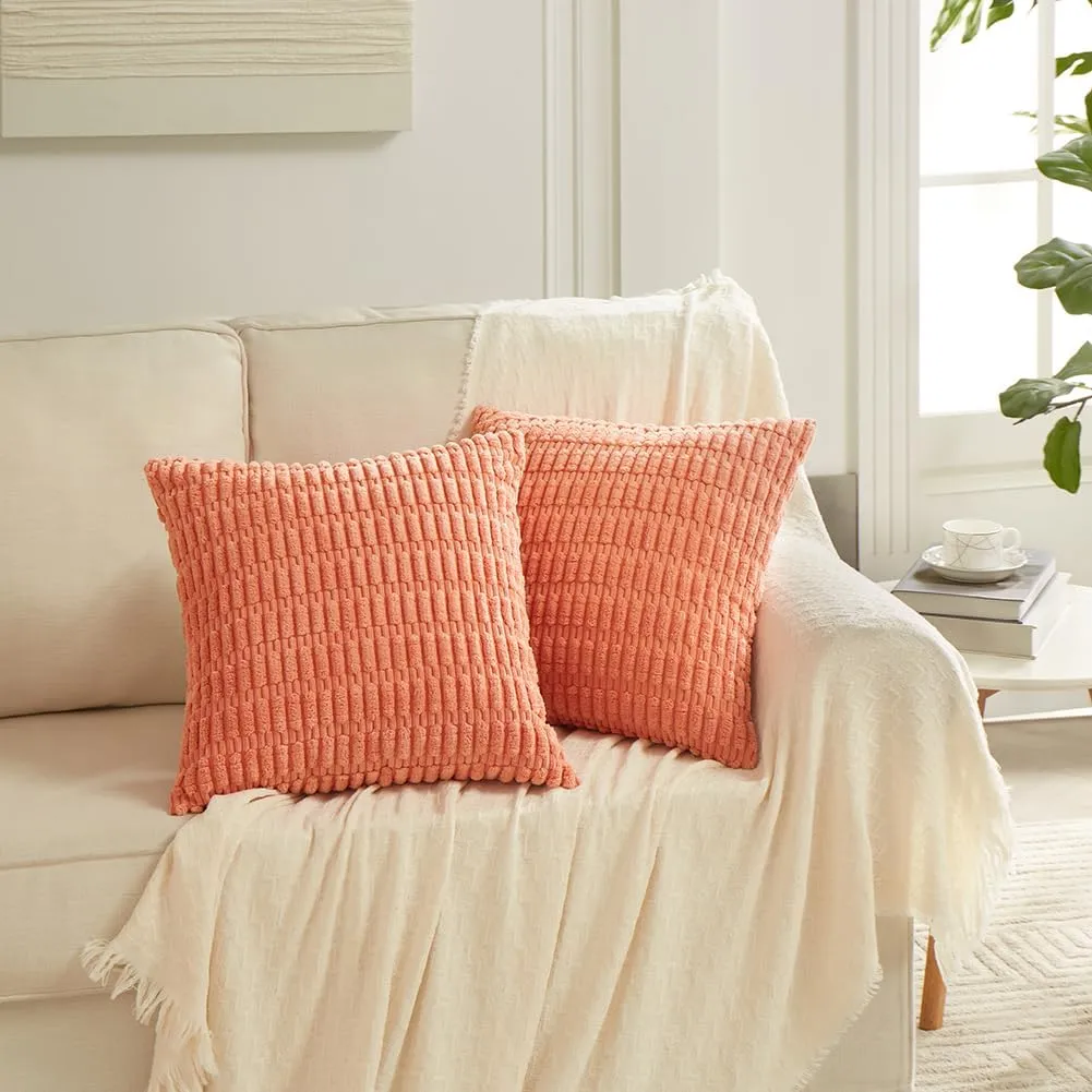 Fancy Homi 4 Packs Boho Coral Decorative Throw Pillow Covers 18x18 Inch for Living Room Couch Bed Sofa, Rustic Modern Farmhouse Home Decor, Soft Plush Corduroy Cute Square Peach Cushion Case 45x45 cm