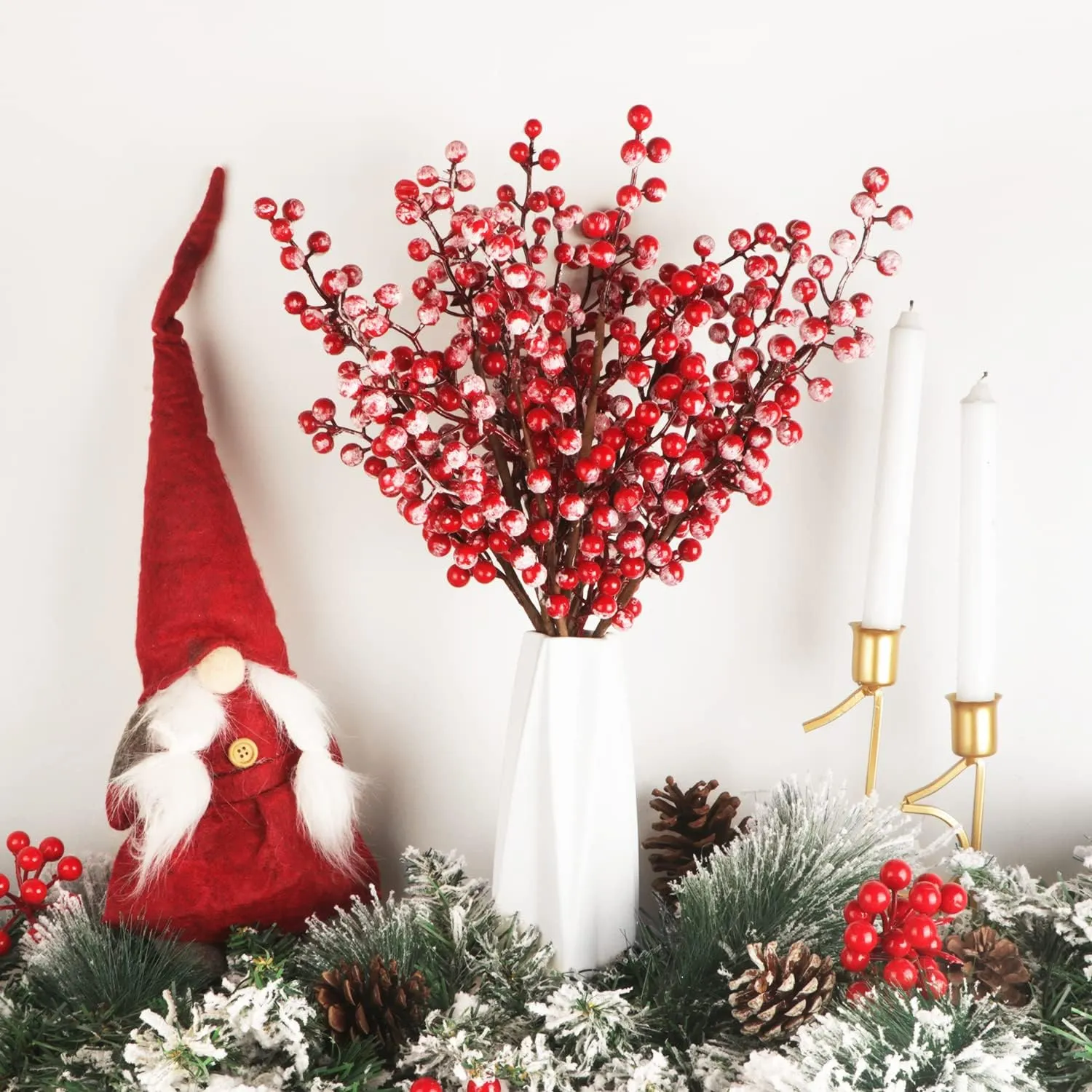 Fangoo 10 Pack Christmas Red Berry Stems, 14 Inch Snowy Red Berries Burgundy Red Berry Stems Snowy Berry Branches for Christmas Tree Xmas Wreath DIY Crafts Holiday Season Winter Home Decorations