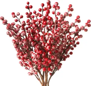 Fangoo 10 Pack Christmas Red Berry Stems, 14 Inch Snowy Red Berries Burgundy Red Berry Stems Snowy Berry Branches for Christmas Tree Xmas Wreath DIY Crafts Holiday Season Winter Home Decorations