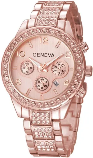FANMIS Luxury Unisex Pave Floating Crystal Diamonds Calendar Analog Quartz Watch Luminous Pointer with Stainless Steel Link Bracelet