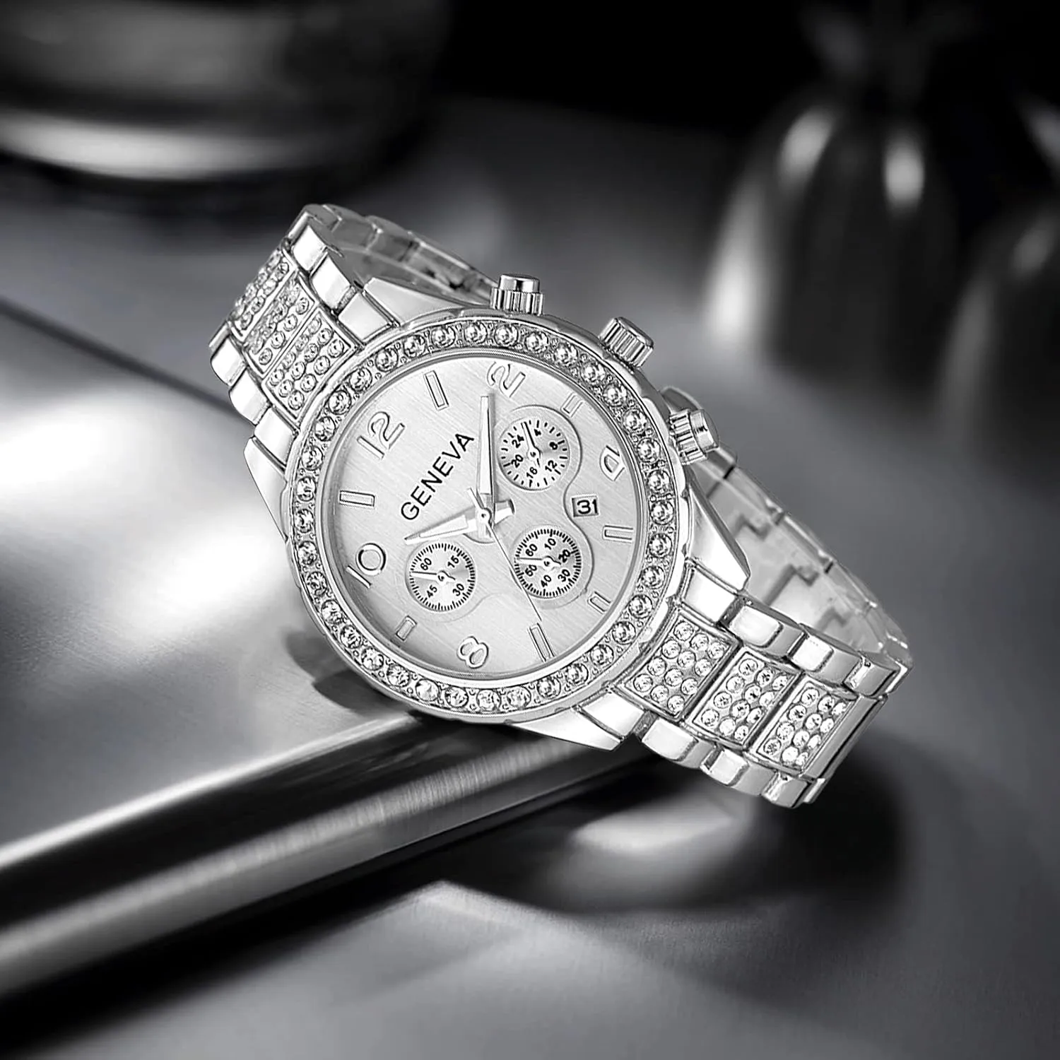 FANMIS Luxury Unisex Pave Floating Crystal Diamonds Calendar Analog Quartz Watch Luminous Pointer with Stainless Steel Link Bracelet