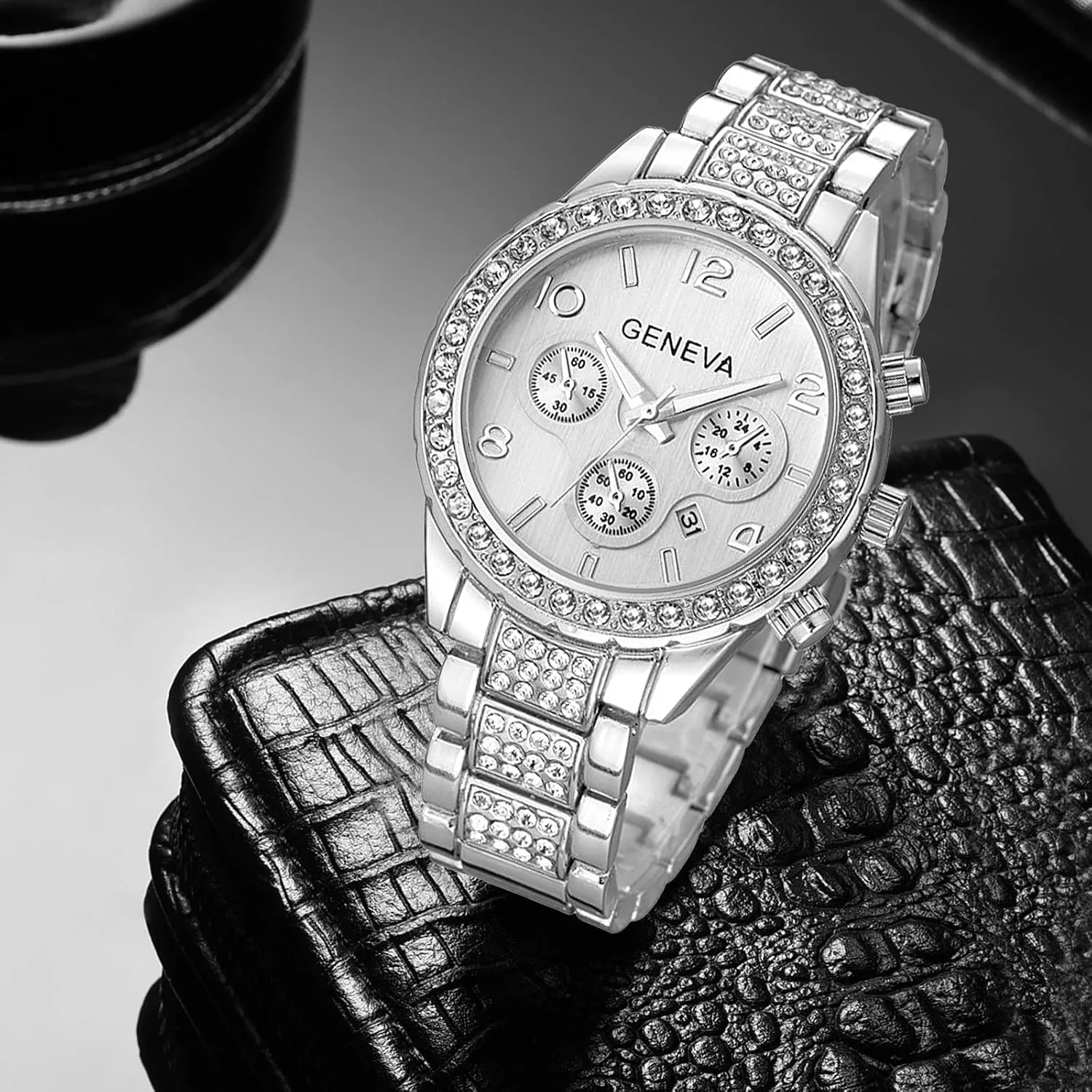FANMIS Luxury Unisex Pave Floating Crystal Diamonds Calendar Analog Quartz Watch Luminous Pointer with Stainless Steel Link Bracelet