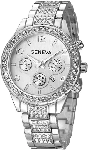 FANMIS Luxury Unisex Pave Floating Crystal Diamonds Calendar Analog Quartz Watch Luminous Pointer with Stainless Steel Link Bracelet