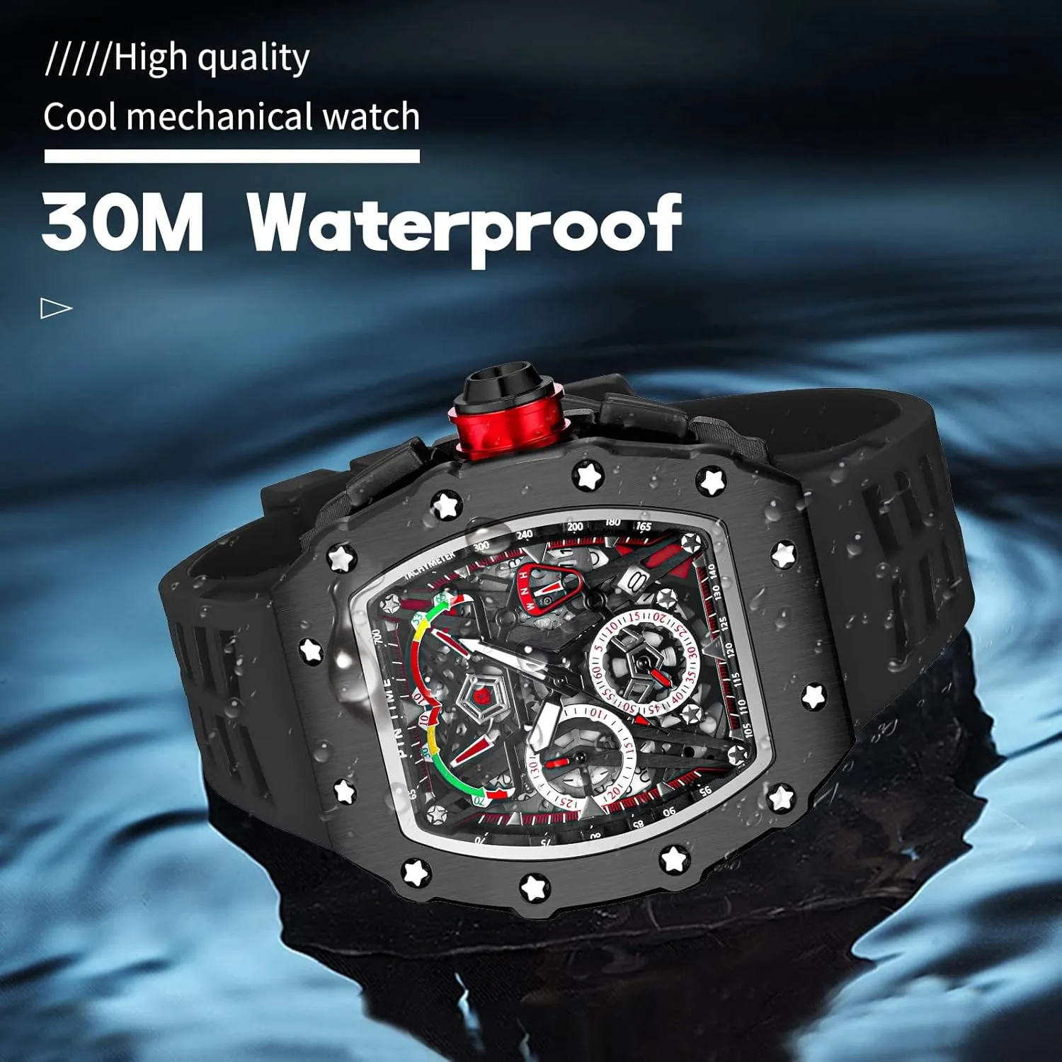 FANMIS Mens Luxury Tonneau Square Watches Analog Punk Chronograph Unique Sports Wrist Watch Japanese Movement Luminous Design with Rubber Band