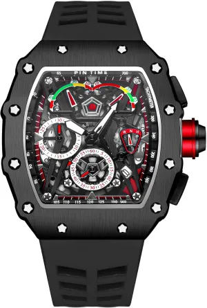 FANMIS Mens Luxury Tonneau Square Watches Analog Punk Chronograph Unique Sports Wrist Watch Japanese Movement Luminous Design with Rubber Band