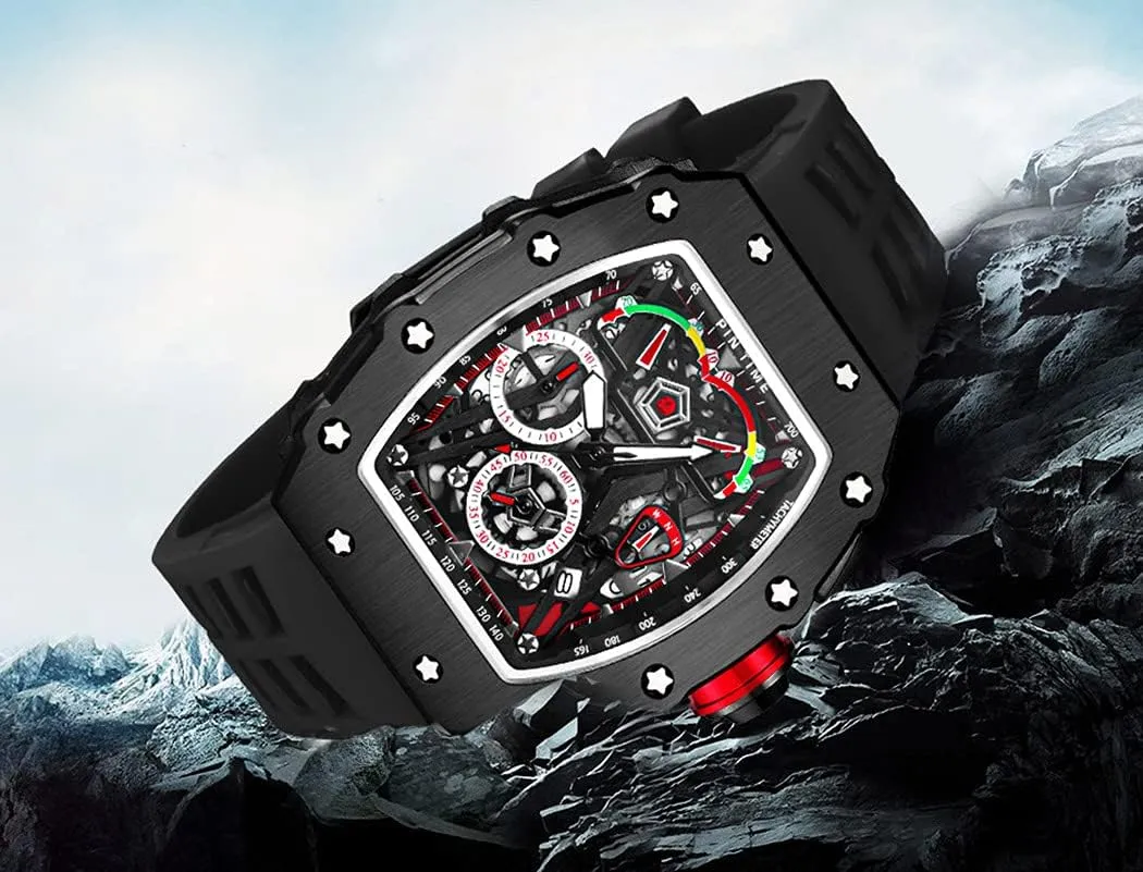 FANMIS Mens Luxury Tonneau Square Watches Analog Punk Chronograph Unique Sports Wrist Watch Japanese Movement Luminous Design with Rubber Band