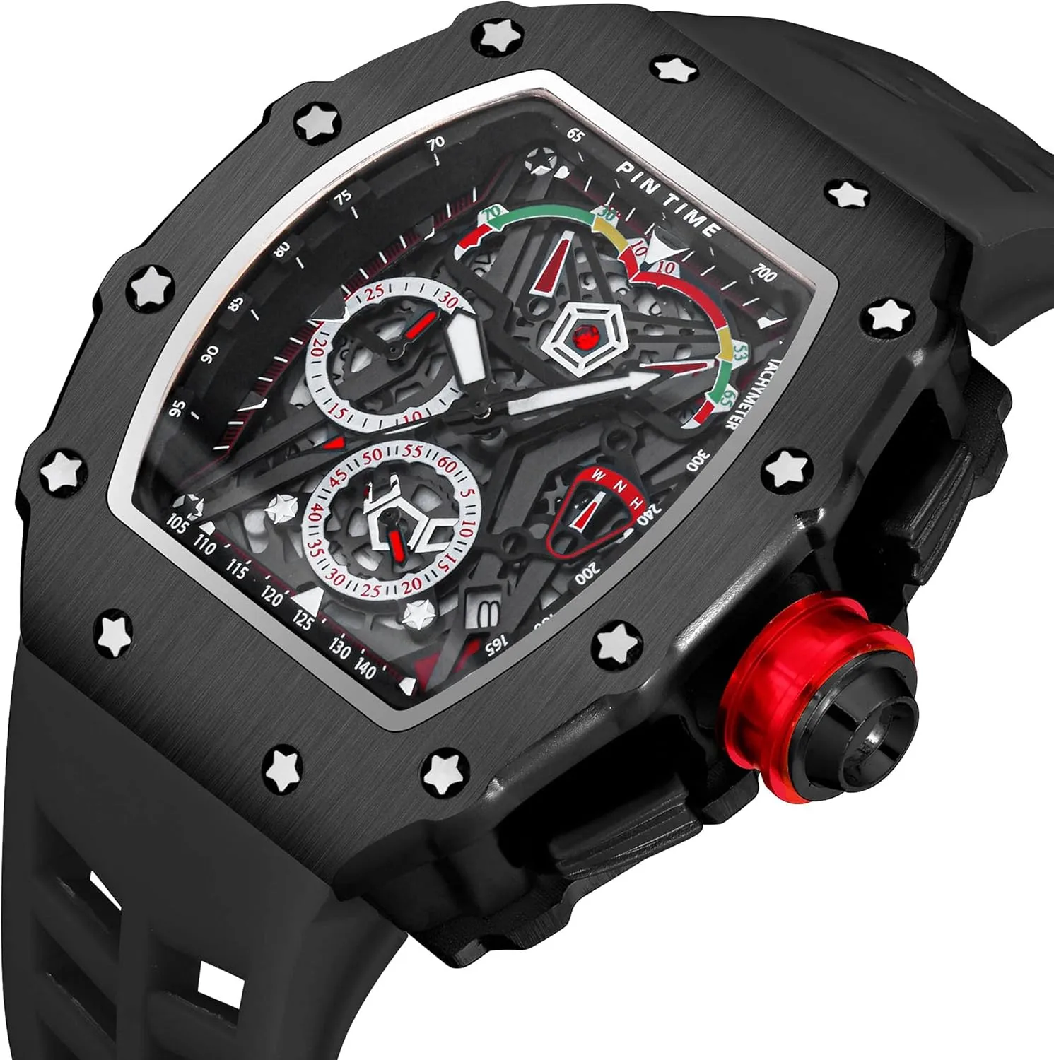 FANMIS Mens Luxury Tonneau Square Watches Analog Punk Chronograph Unique Sports Wrist Watch Japanese Movement Luminous Design with Rubber Band