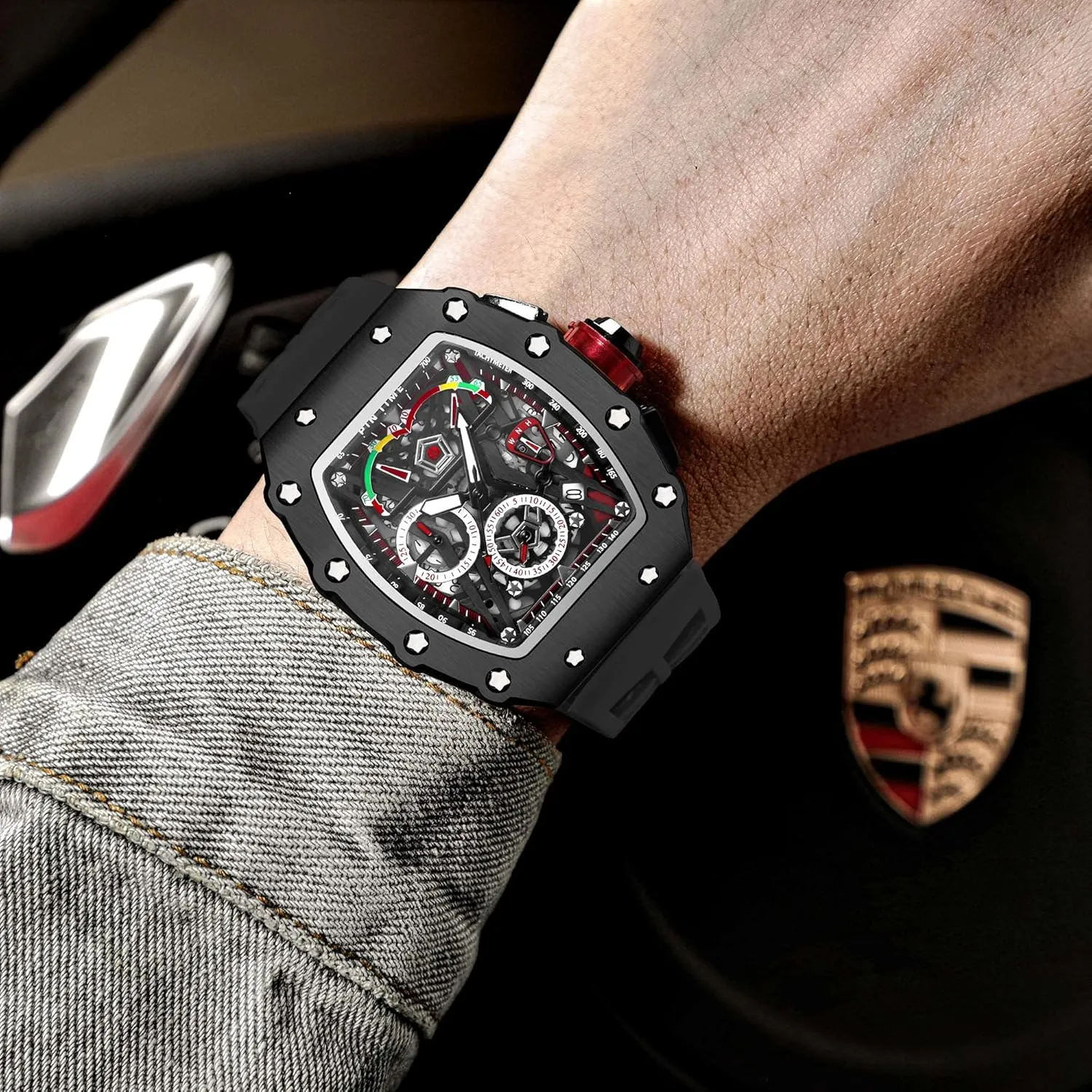 FANMIS Mens Luxury Tonneau Square Watches Analog Punk Chronograph Unique Sports Wrist Watch Japanese Movement Luminous Design with Rubber Band