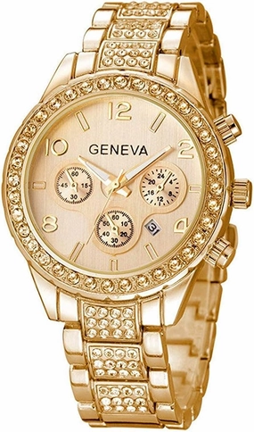 FANMIS Luxury Unisex Pave Floating Crystal Diamonds Calendar Analog Quartz Watch Luminous Pointer with Stainless Steel Link Bracelet