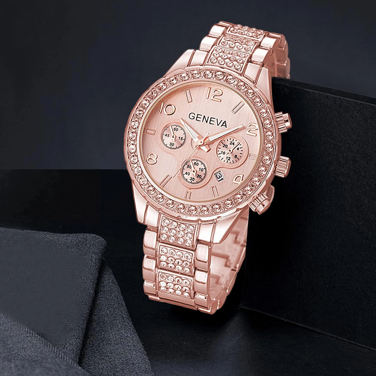 FANMIS Luxury Unisex Pave Floating Crystal Diamonds Calendar Analog Quartz Watch Luminous Pointer with Stainless Steel Link Bracelet