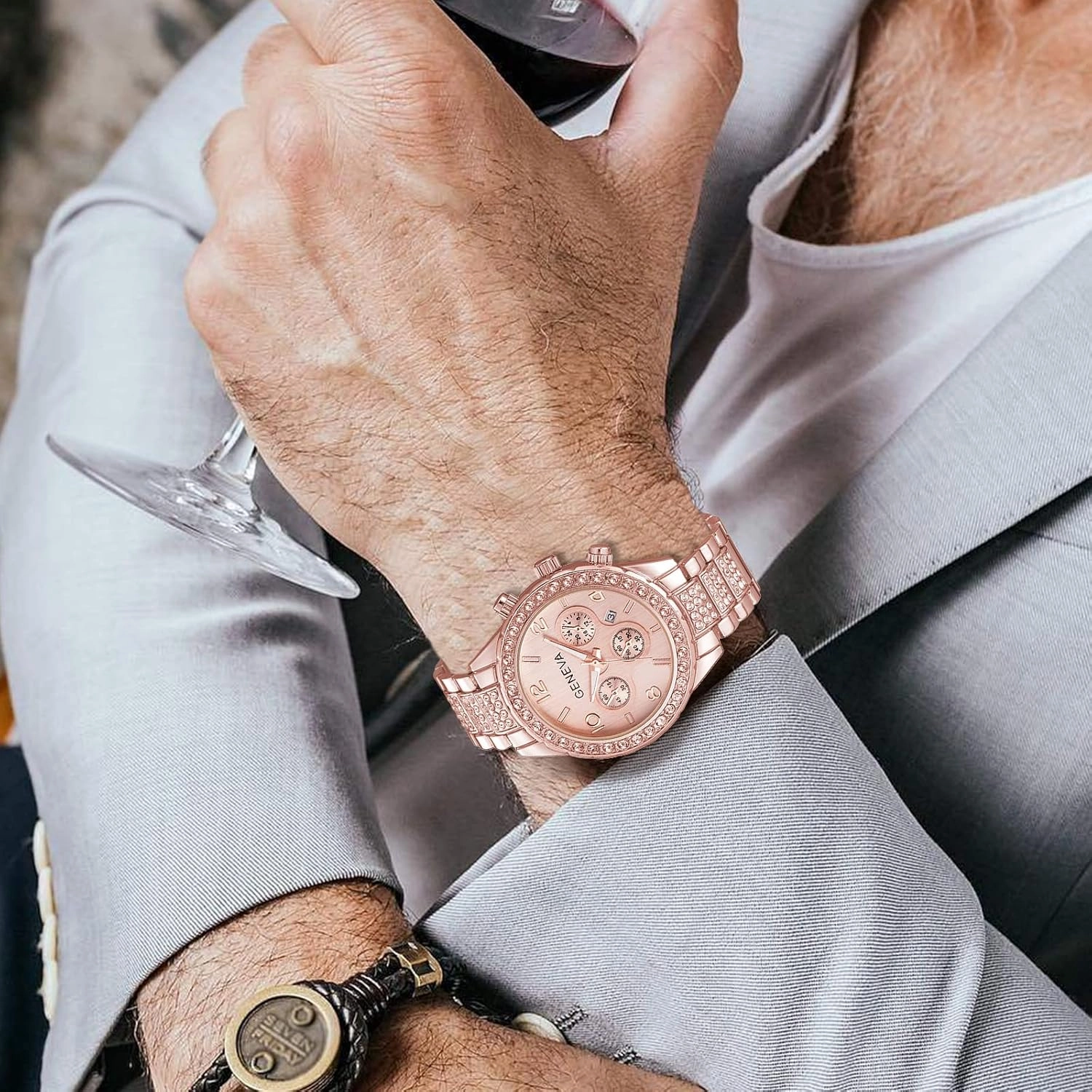 FANMIS Luxury Unisex Pave Floating Crystal Diamonds Calendar Analog Quartz Watch Luminous Pointer with Stainless Steel Link Bracelet