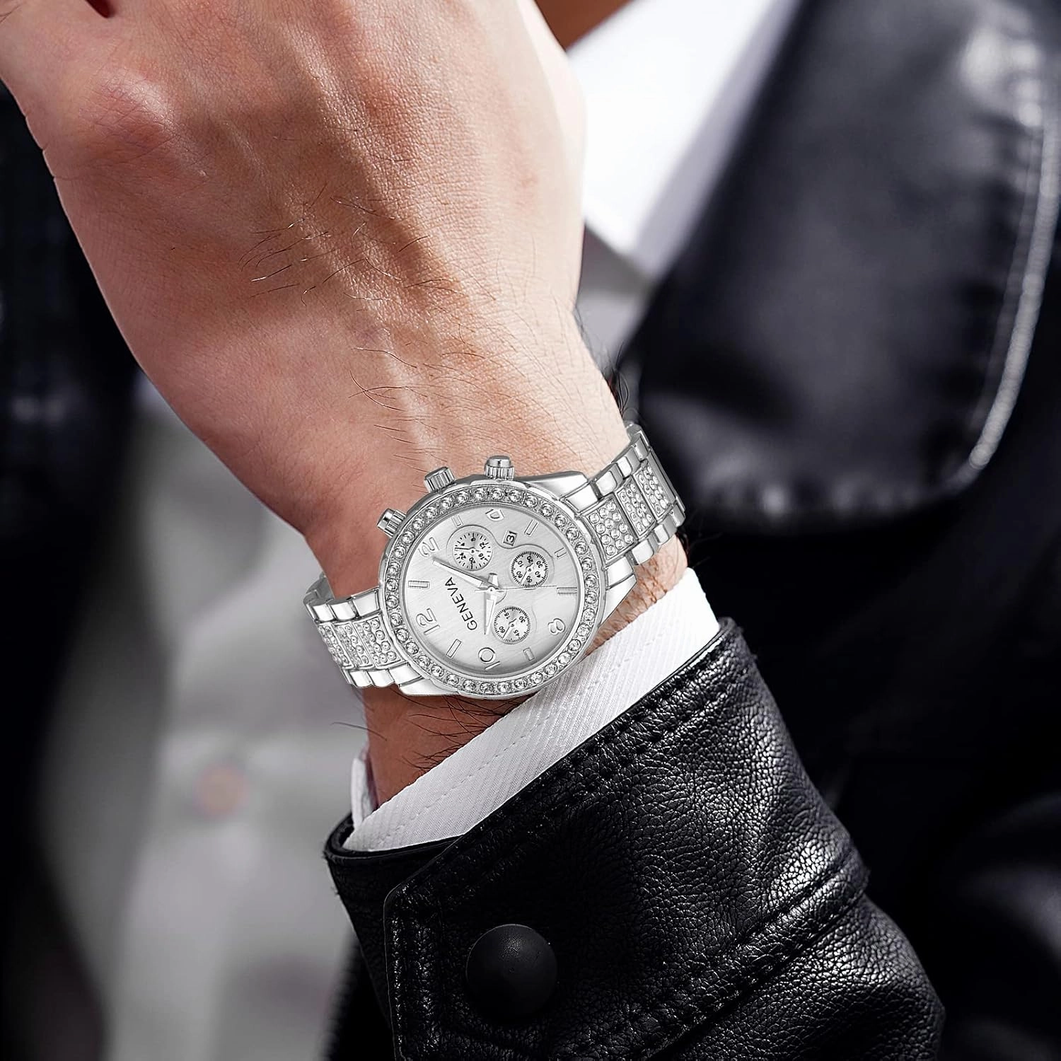 FANMIS Luxury Unisex Pave Floating Crystal Diamonds Calendar Analog Quartz Watch Luminous Pointer with Stainless Steel Link Bracelet