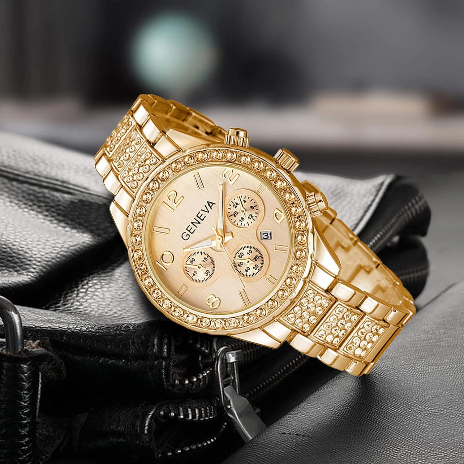 FANMIS Luxury Unisex Pave Floating Crystal Diamonds Calendar Analog Quartz Watch Luminous Pointer with Stainless Steel Link Bracelet