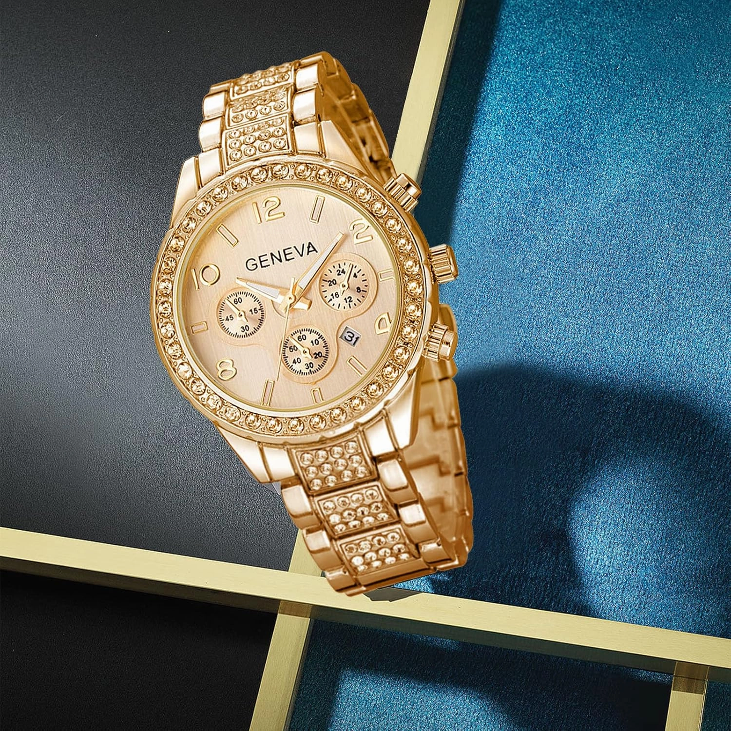 FANMIS Luxury Unisex Pave Floating Crystal Diamonds Calendar Analog Quartz Watch Luminous Pointer with Stainless Steel Link Bracelet