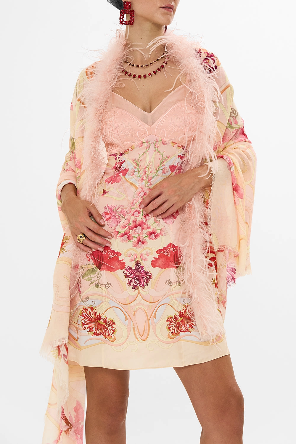FEATHER TRIM SHAWL BLOSSOMS AND BRUSHSTROKES