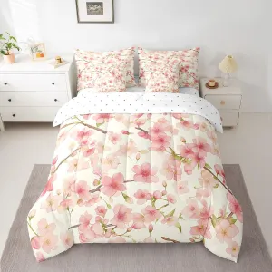 Feelyou Peach Blossom Bedding Set with Comforter, Queen Size 7Pcs Floral Comforter Teens Adults Botanical Flower Bed in a Bag with Comforter, Spring Natural Room Decor