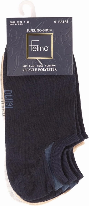 Felina Super No-Show Socks W/Heel Control 6-Pack