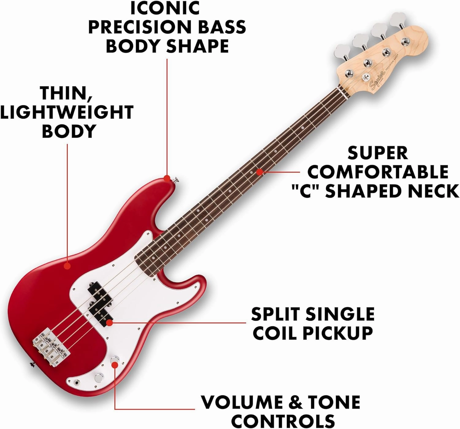 Fender Squier Debut Series Precision Bass Guitar, Beginner Guitar, with 2-Year Warranty, Includes Free Lessons, Dakota Red with Matte Finish