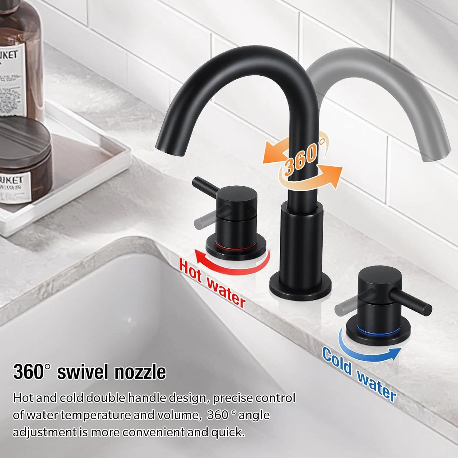 FGKQ Black Bathroom Sink Faucet 3 Hole, 8 Inch Matte Black Bathroom Faucet with Pop Up Drain, 360° Swivel Widespread Two Handle Vanity Faucet with Supply Lines
