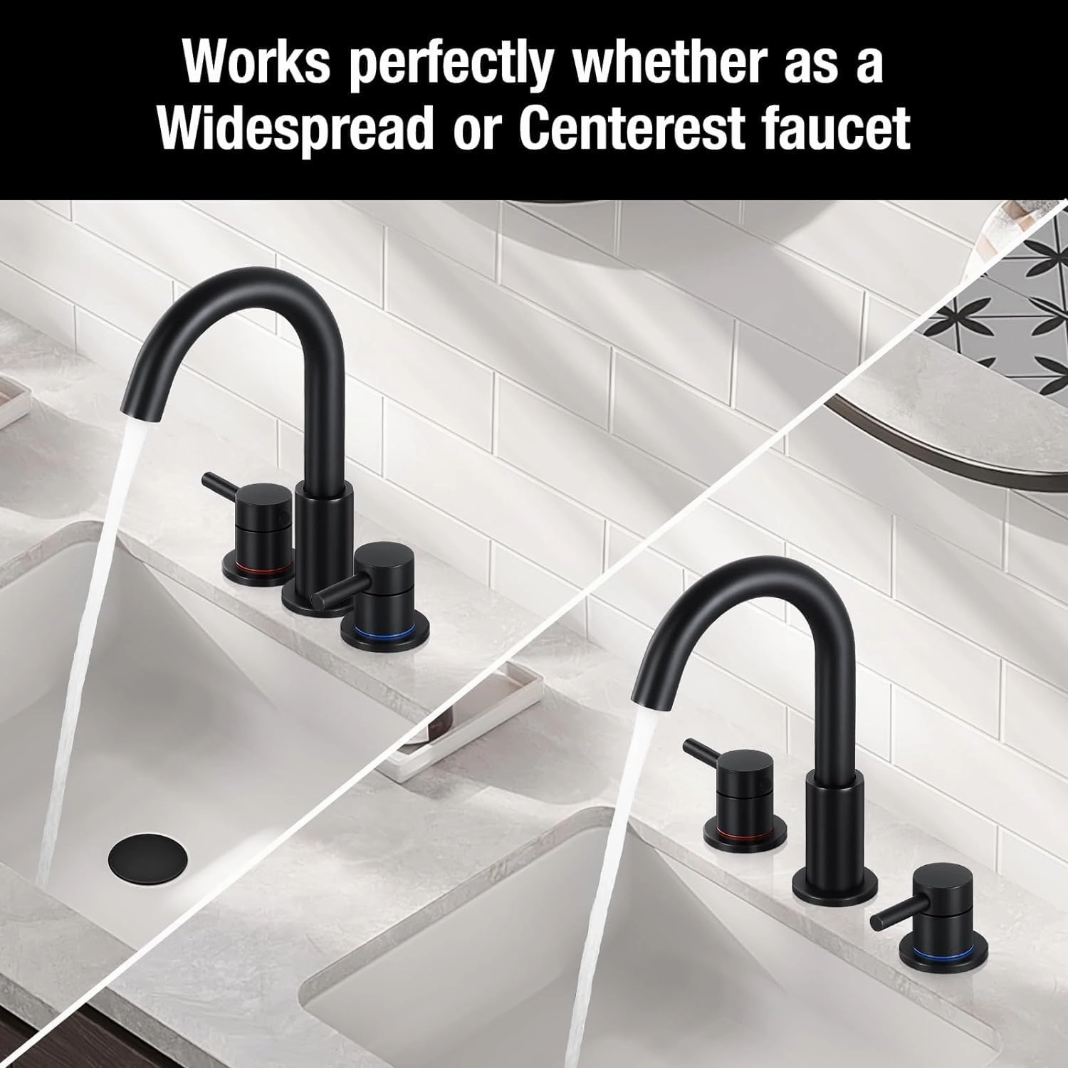 FGKQ Black Bathroom Sink Faucet 3 Hole, 8 Inch Matte Black Bathroom Faucet with Pop Up Drain, 360° Swivel Widespread Two Handle Vanity Faucet with Supply Lines