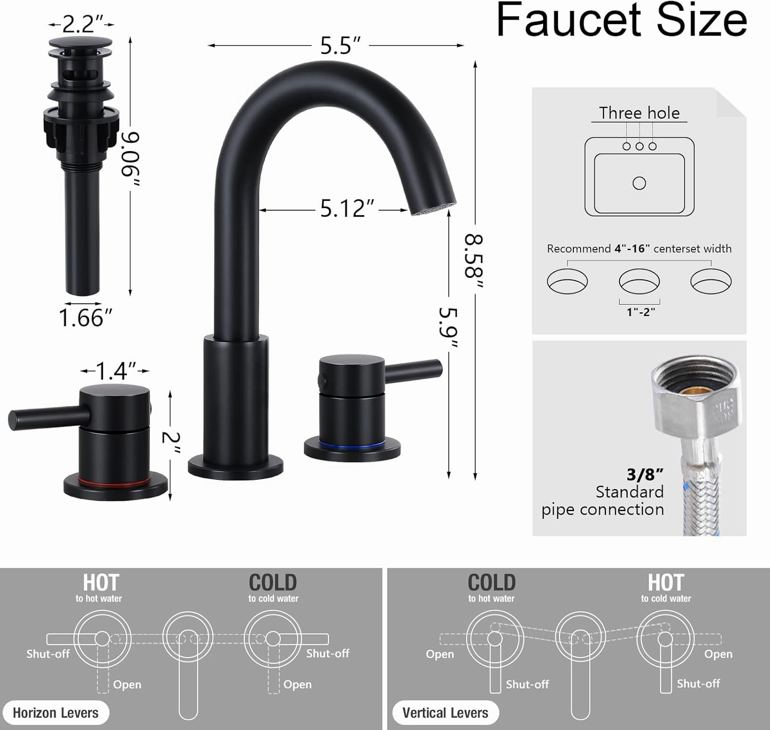 FGKQ Black Bathroom Sink Faucet 3 Hole, 8 Inch Matte Black Bathroom Faucet with Pop Up Drain, 360° Swivel Widespread Two Handle Vanity Faucet with Supply Lines