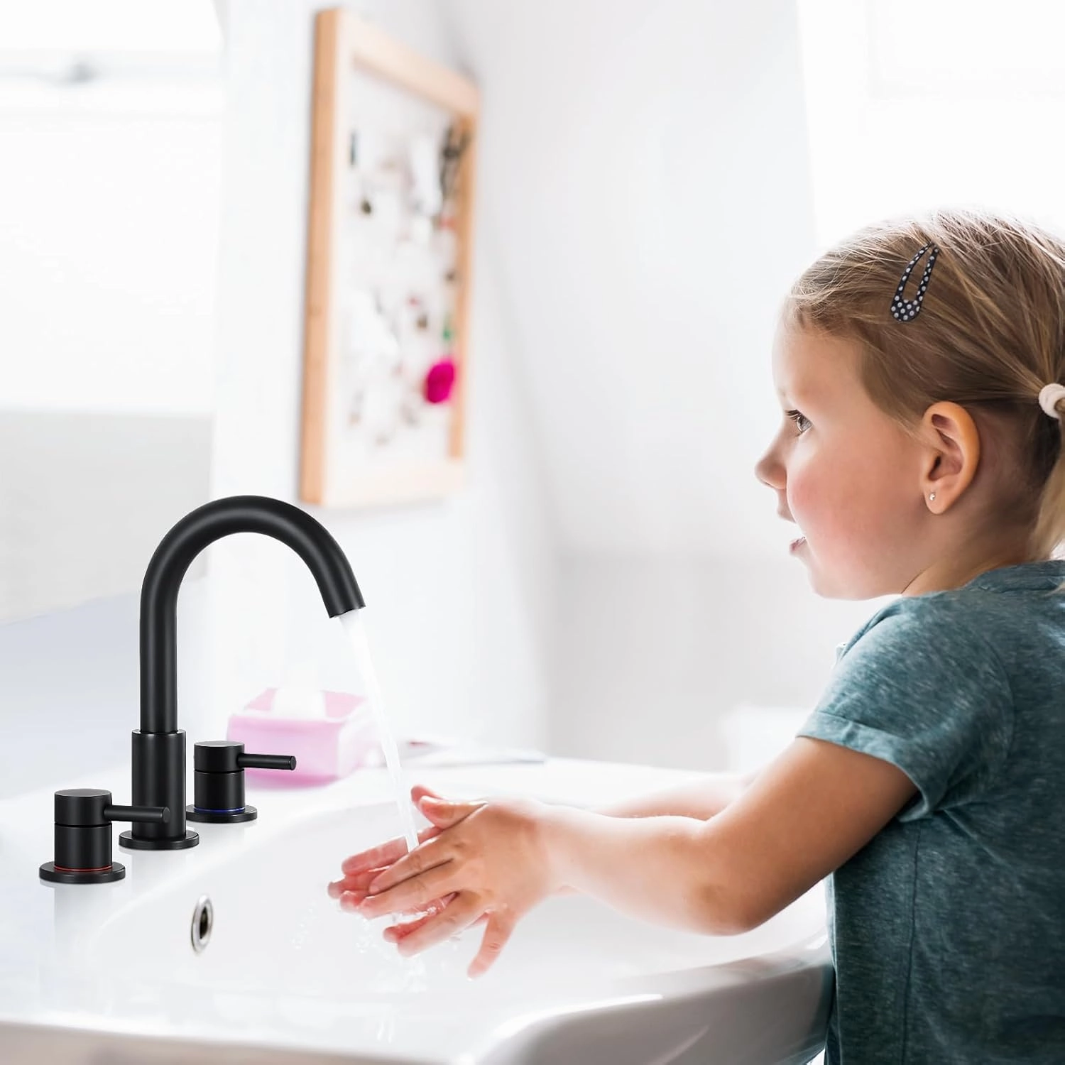 FGKQ Black Bathroom Sink Faucet 3 Hole, 8 Inch Matte Black Bathroom Faucet with Pop Up Drain, 360° Swivel Widespread Two Handle Vanity Faucet with Supply Lines