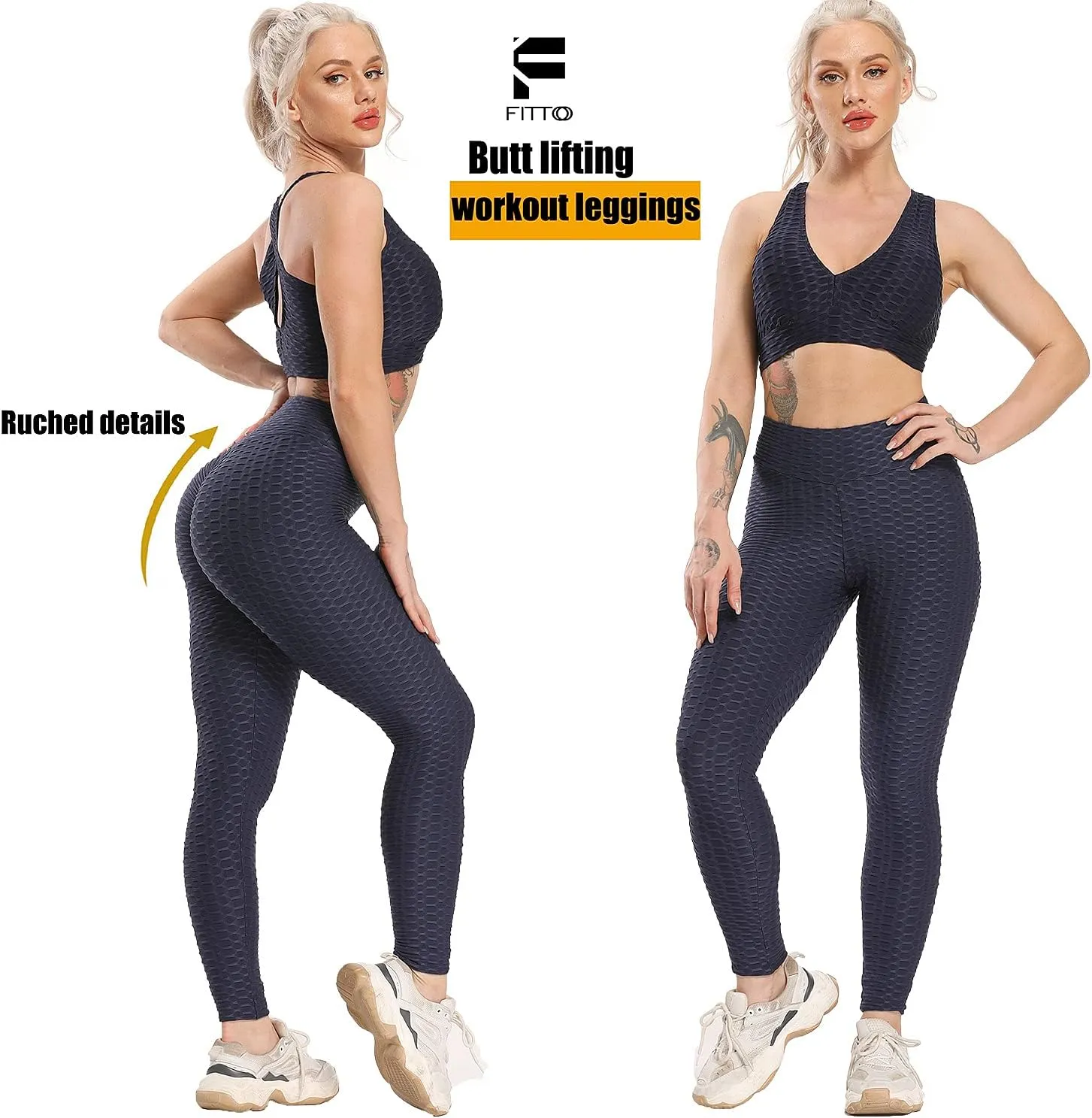 FITTOO Womens High Waist Textured Workout Leggings Booty Scrunch Yoga Pants Slimming Ruched Tights