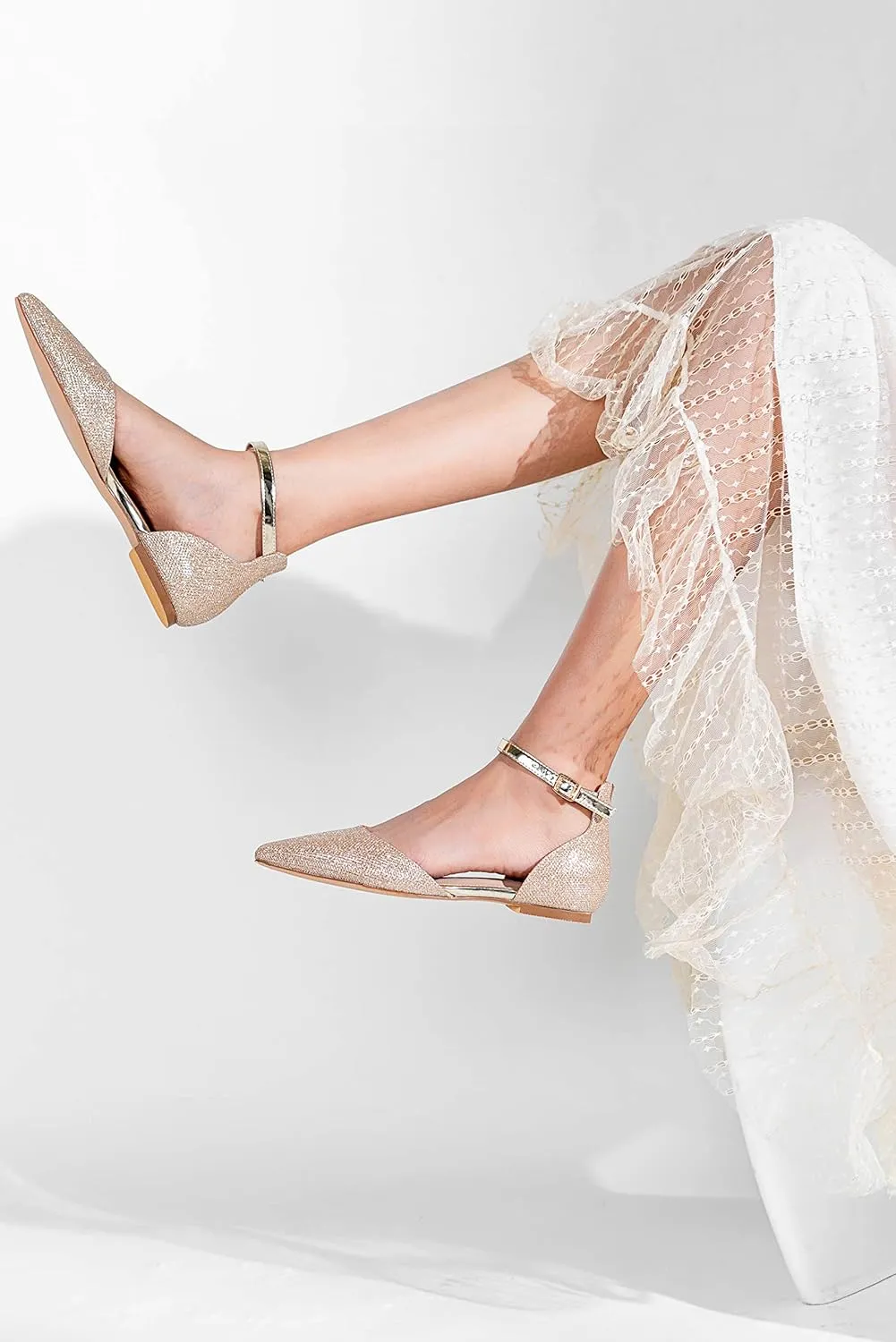 Flats for Women Pointed Toe Comfortable Ankle Strap Gold Nude Flats Silver Black Flats for Women Casual Dress Wedding Flats Shoes