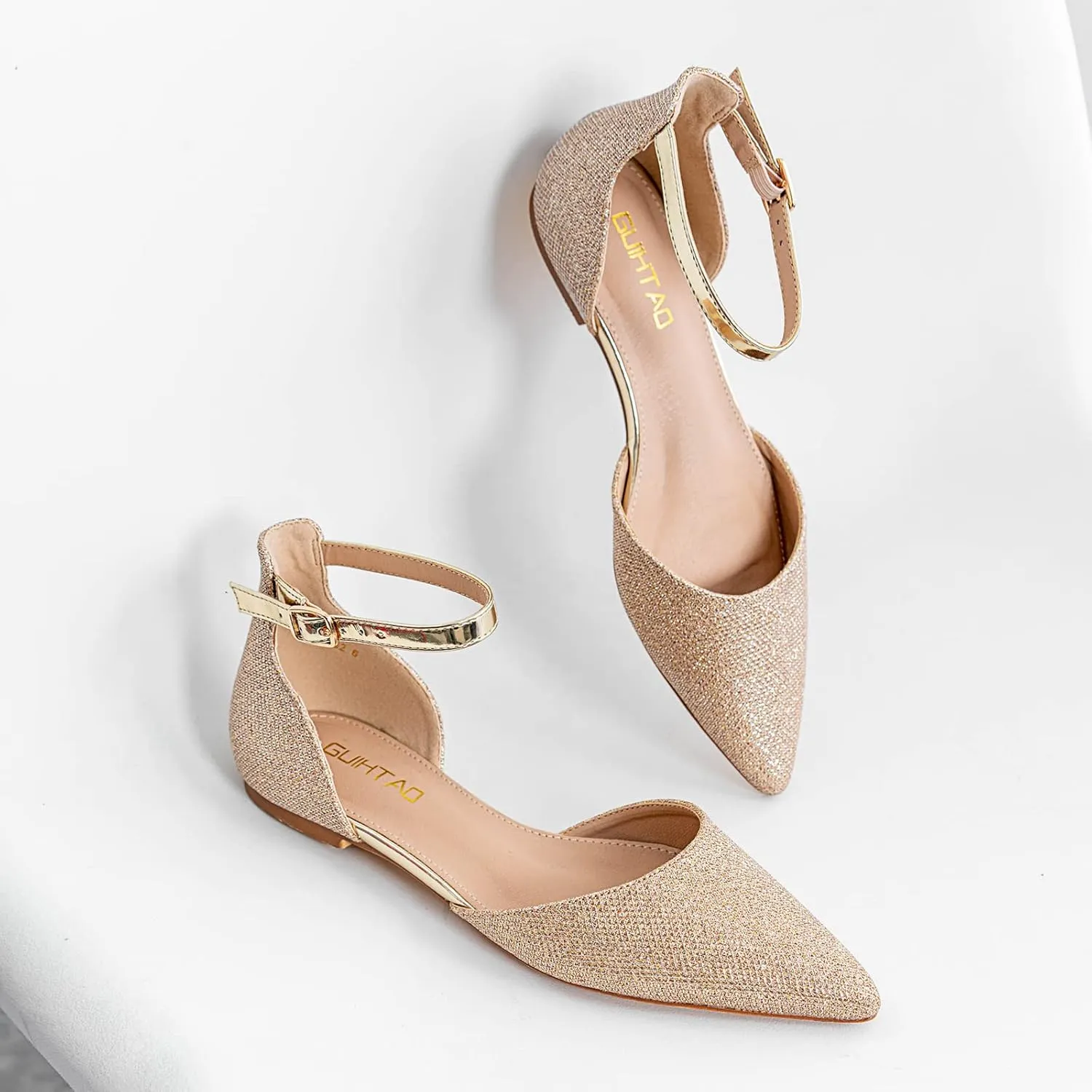 Flats for Women Pointed Toe Comfortable Ankle Strap Gold Nude Flats Silver Black Flats for Women Casual Dress Wedding Flats Shoes